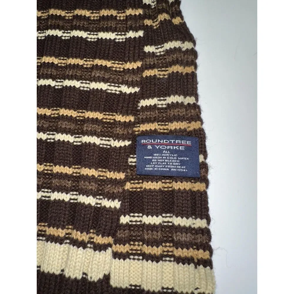 Roundtree & Yorke Men's Scarf Brown Beige Striped Knit Ribbed